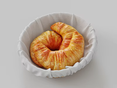 Fresh Golden Flaky Croissant in White Cloth Lined Basket on Neutral Background 3d model