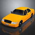 Yellow Sedan Car with Black Front Grille Black Wheels and Reflective Surface on Gray Background