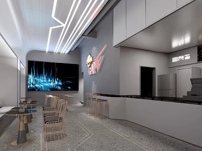 Modern Internet Cafe Interior With Neon Lights Large Screen Bar Counter And Comfortable Seats 3d model