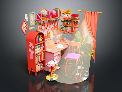 Cartoon Style Room Scene With Red Bookshelf Desk Chair And Decorative Items 3d model