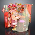 Cartoon Style Room Scene With Red Bookshelf Desk Chair And Decorative Items
