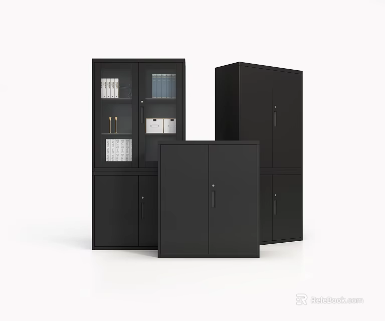 Modern Black Storage Cabinets With Glass And Solid Doors For Home Office Use 3d model 