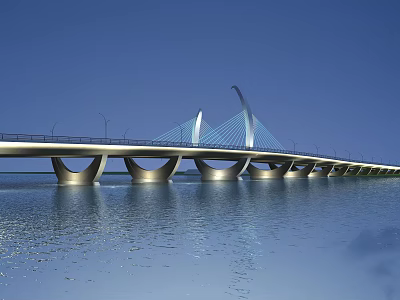 Modern Cable Stayed Bridge Over Water With Unique Pylon Design And Blue Sky Reflection 3d model