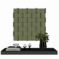 Decorative Ornament Set On Black Table With Green Wall Vase Plants Candles Bowl And Books