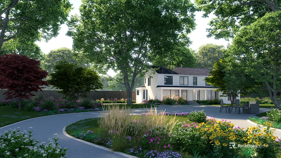 Elegant Detached Villa With Lush Green Trees Curved Driveway And Colorful Garden Flowers 3d model 
