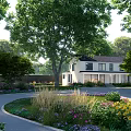 Elegant Detached Villa With Lush Green Trees Curved Driveway And Colorful Garden Flowers