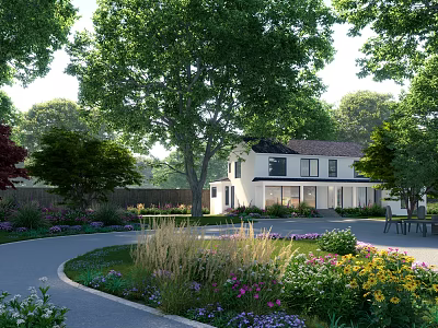 Elegant Detached Villa With Lush Green Trees Curved Driveway And Colorful Garden Flowers 3d model