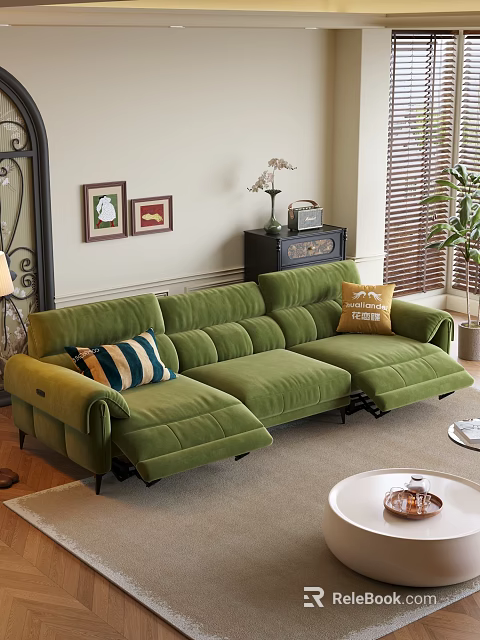 Green Velvet Three Seater Sofa With Accent Pillows And Wall Art In Living Room 3d model 