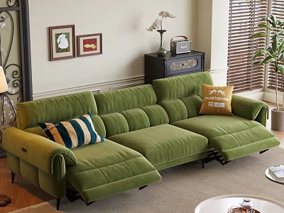 Green Velvet Three Seater Sofa With Accent Pillows And Wall Art In Living Room 3d model