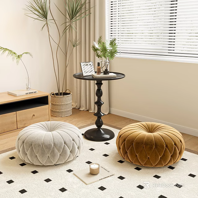 Cozy Living Room With Plush Poufs And Side Table 3d model 