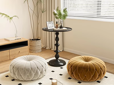 Cozy Living Room With Plush Poufs And Side Table 3d model