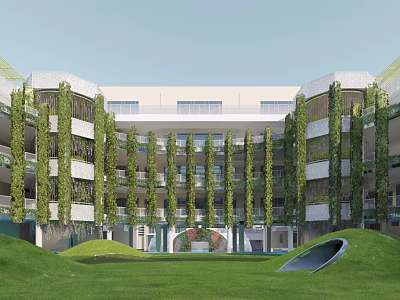 Modern Multi Story School Building With Vertical Greenery Balconies And Front Lawn 3d model