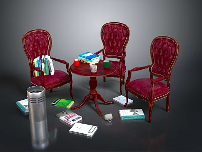 Leisure Sofa Set with Red Armchairs Round Table Books and Scattered Items in Lounge 3d model