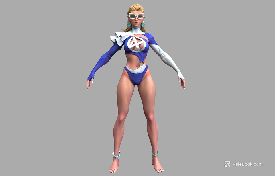 Woman in Blue White Outfit with Sunglasses Number Four on Chest Standing Arms Outstretched 3d model 