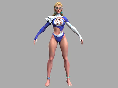Woman in Blue White Outfit with Sunglasses Number Four on Chest Standing Arms Outstretched 3d model
