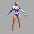 Woman in Blue White Outfit with Sunglasses Number Four on Chest Standing Arms Outstretched