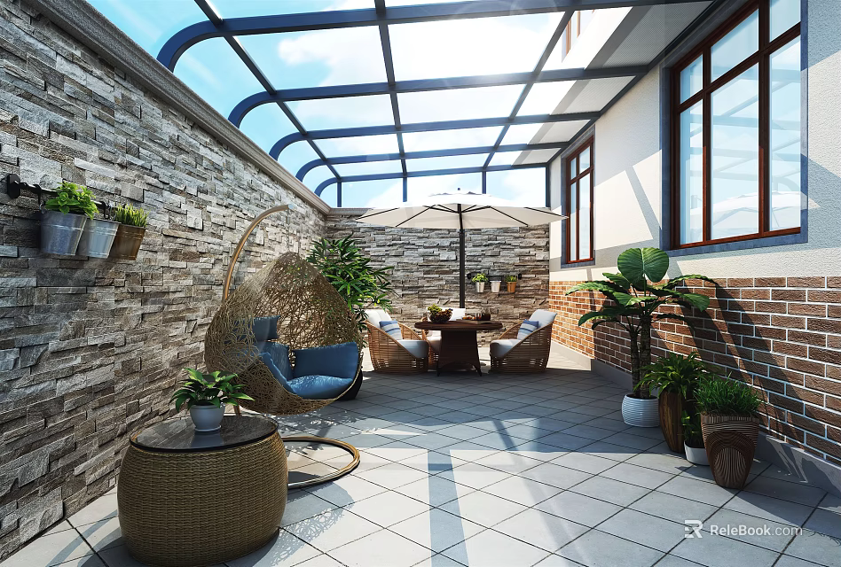 Villa Balcony Design With Glass Roof Stone Wall Wicker Furniture And Green Plants 3d model 