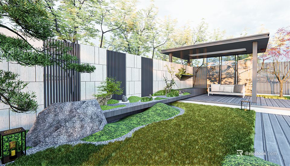 Modern Courtyard Garden With Stone Wall Water Feature Wooden Veranda And Lush Lawn 3d model 