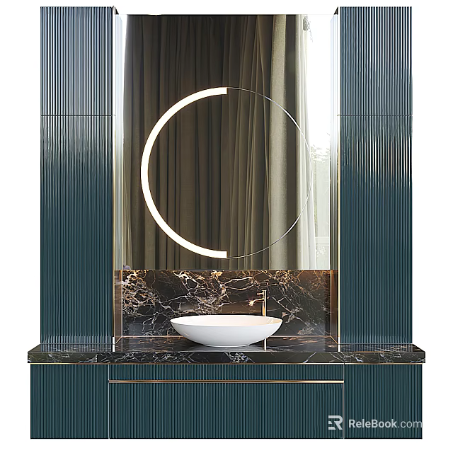 Modern Bathroom Washbasin With Round Backlit Mirror Dark Green Cabinet And Marble Countertop 3d model 