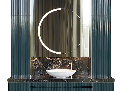 Modern Bathroom Washbasin With Round Backlit Mirror Dark Green Cabinet And Marble Countertop 3d model