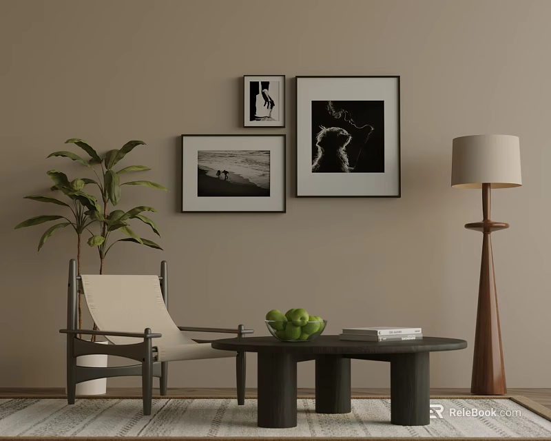 Elegant Leisure Chair in Beige Living Room with Black White Art Green Plant and Coffee Table 3d model 