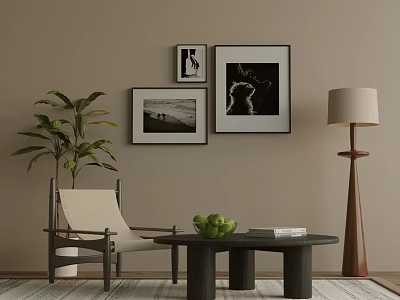 Elegant Leisure Chair in Beige Living Room with Black White Art Green Plant and Coffee Table 3d model