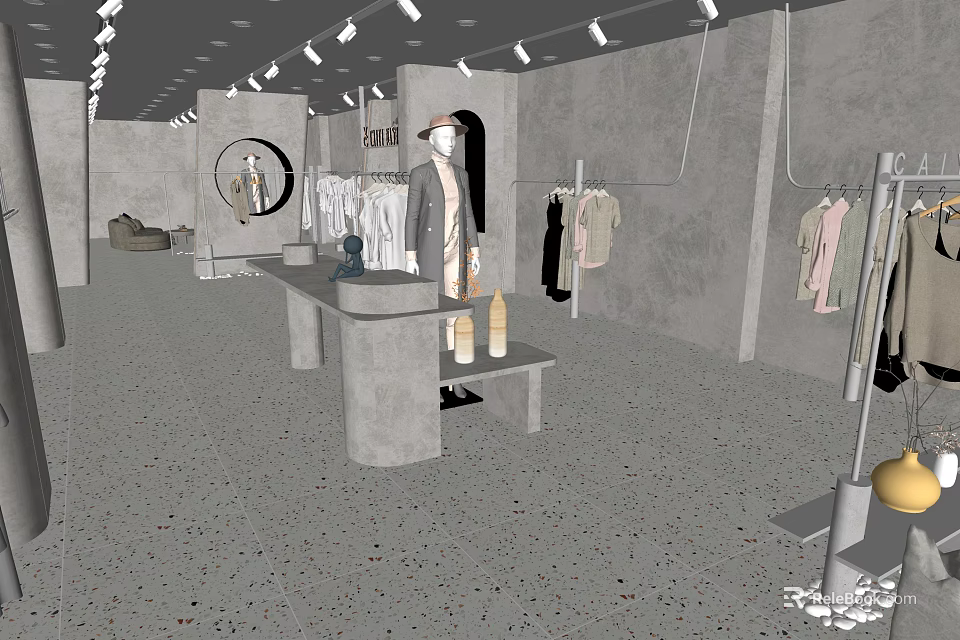 Modern Minimalist Clothing Store Interior With Hanging Clothes Mannequin Mirror And Display Table 3d model 