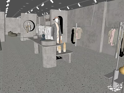 Modern Minimalist Clothing Store Interior With Hanging Clothes Mannequin Mirror And Display Table 3d model