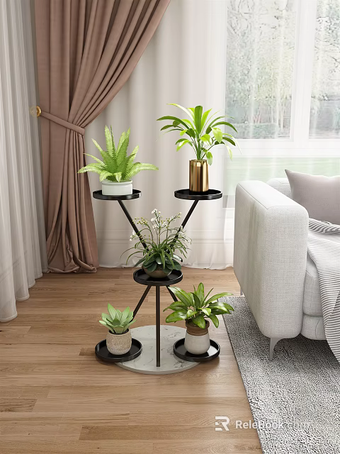 Indoor Garden Plants Display On Multi Tier Black Plant Stand For Home Green Decor 3d model 