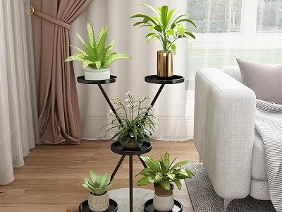 Indoor Garden Plants Display On Multi Tier Black Plant Stand For Home Green Decor 3d model