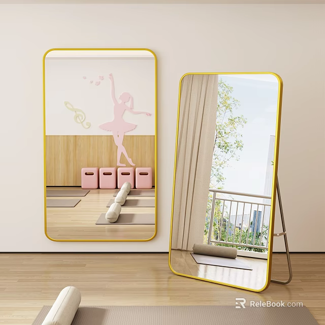 Gold Framed Wall And Floor Mirrors Featuring Ballet Sticker Pink Bins Yoga Mat Tree View 3d model 