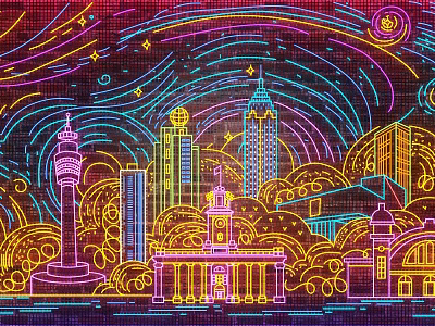 Colorful Neon Decorative Lights Illuminating City Building Outlines Against Starry Night Sky With Flowing Lines 3d model