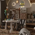 Kids Room Interior With Rocking Horse Round Rug White Table Chairs And Hanging Lights