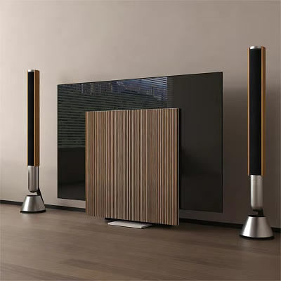 Modern Living Room TV Setup With Tall Speakers And Wooden Panel 3d model