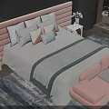 Elegant Modern Double Bed Interior With Upholstered Headboard Multiple Pillows Striped Blanket And Pink Chairs