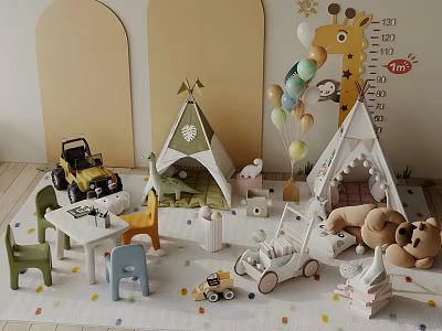 Colorful Children's Room Interior With Teepee Tents Toy Cars Balloons And Stuffed Animals 3d model
