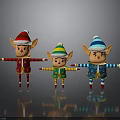 Three Festive Christmas Elves In Colorful Striped Outfits With Hats And Reflections
