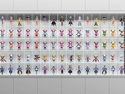 Collection of Various Colored and Styled Dolls Arranged Neatly on White Shelves 3d model