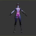 Futuristic Sci-Fi Character in Pink and Purple Cybernetic Outfit with Goggles Gloves and Mechanical Boots