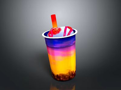 Colorful Gradient Drink Cup With Red Straw Tapioca Pearls And Strawberry Decoration 3d model