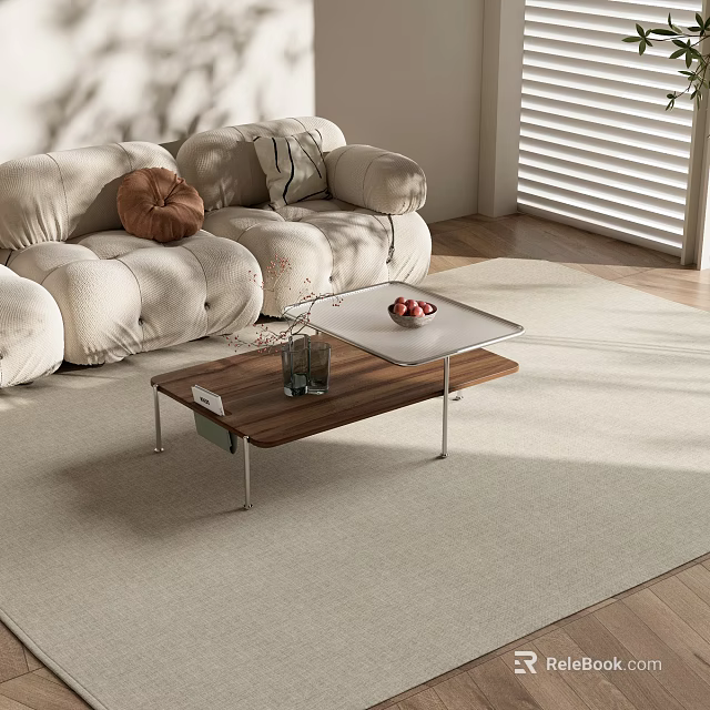 Modern Wooden Coffee Table With Metal Legs And Fruit Tray In Cozy Living Room 3d model 