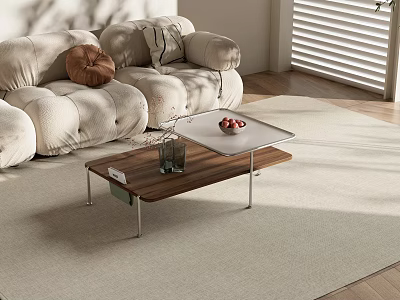 Modern Wooden Coffee Table With Metal Legs And Fruit Tray In Cozy Living Room 3d model
