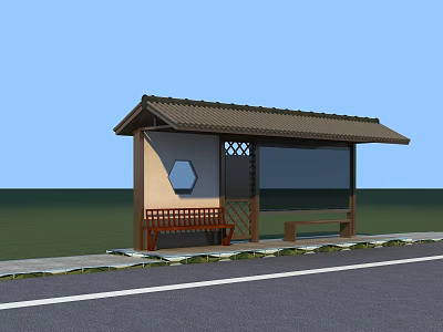 Traditional Landscape Pavilion With Brown Roof Wooden Bench Hexagonal Window By Green Lawn Roadside 3d model
