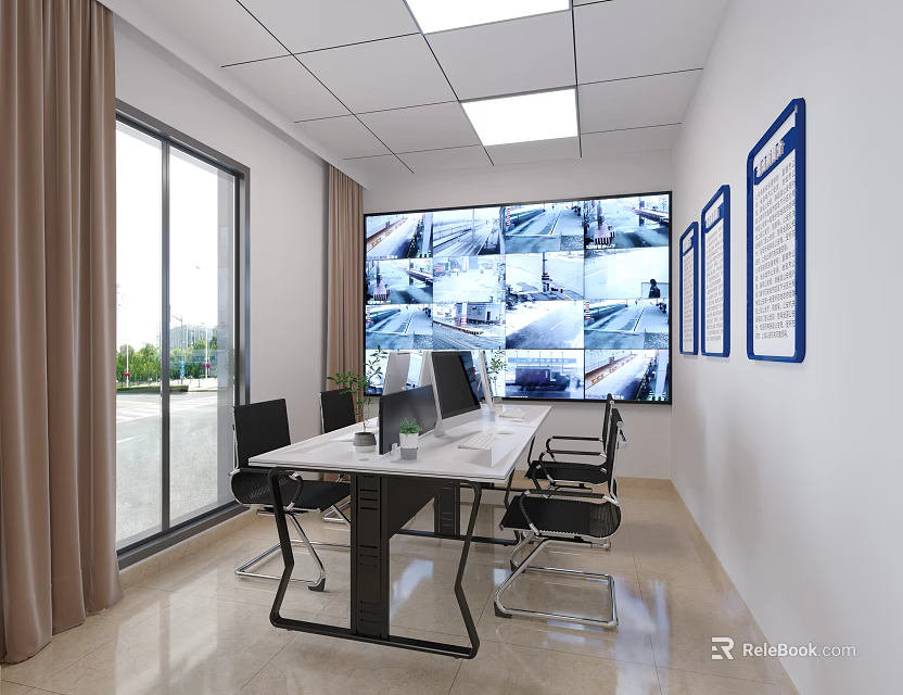Modern Monitoring Room With Large Monitor Wall Conference Table Chairs And Blue Framed Documents 3d model 