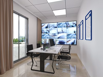Modern Monitoring Room With Large Monitor Wall Conference Table Chairs And Blue Framed Documents 3d model