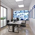 Modern Monitoring Room With Large Monitor Wall Conference Table Chairs And Blue Framed Documents