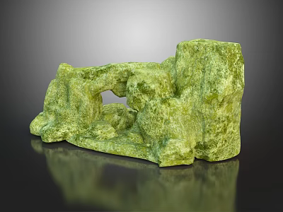 Green Natural Stone Decorative Piece With Textured Surface And Hollow Design On Reflective Base 3d model