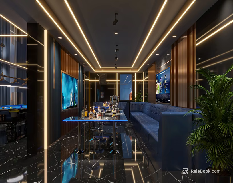 Modern KTV Interior Design With Large Screen TV Comfortable Sofa And Ambient Lighting 3d model 