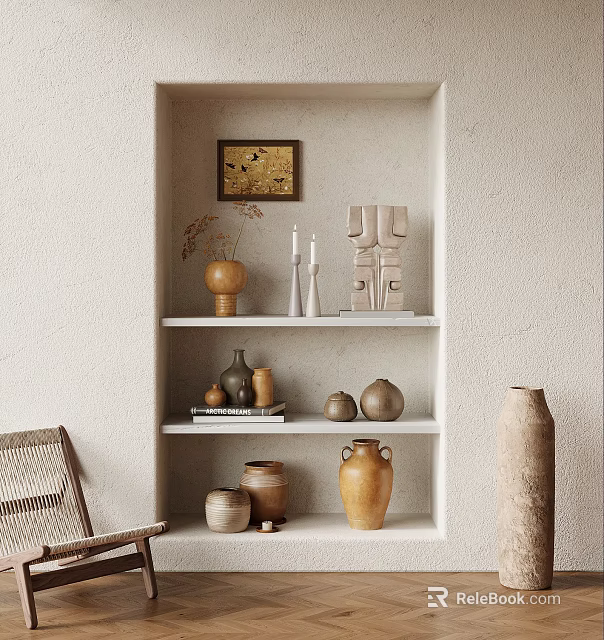 Minimalist Beige Niche With Shelves Displaying Rustic Pottery Candles And Sculptures 3d model 