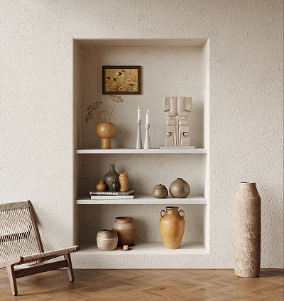 Minimalist Beige Niche With Shelves Displaying Rustic Pottery Candles And Sculptures 3d model